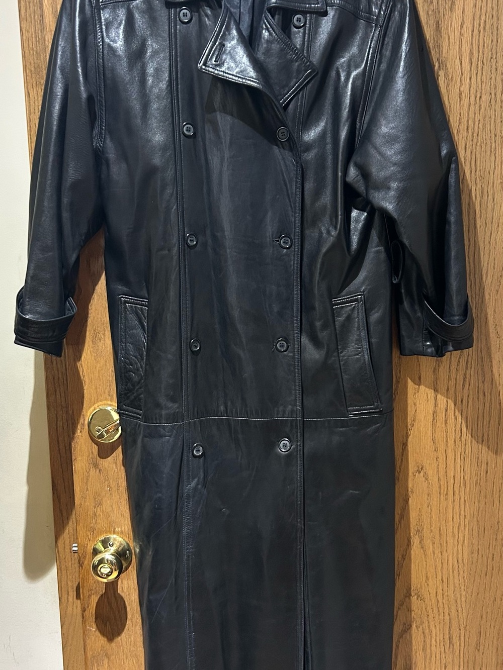 Maxima Black Double-Breasted Leather Trench Coat Size 8